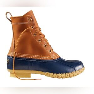LL BEAN womens 7 M Leather Upper Boots 8” Tan Navy 212880 Duck Rain Lace Up